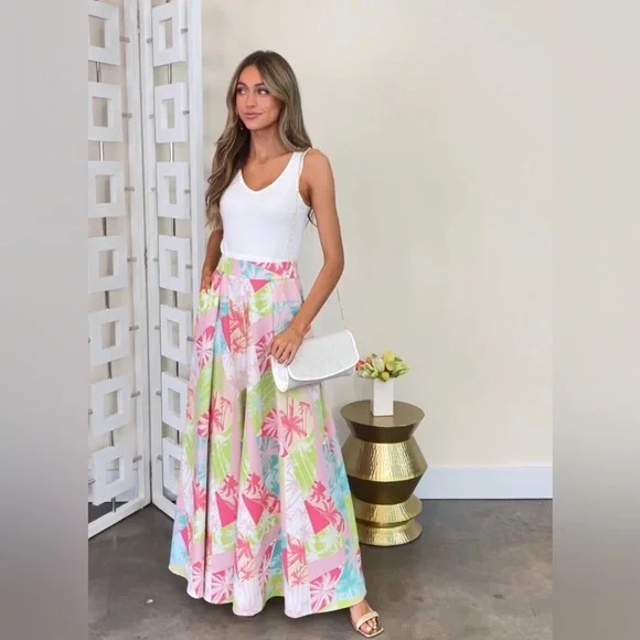 Red Dress Boutique Wide Leg Pants Tropical Print Pastel Colors sz L New NWT - Picture 8 of 14